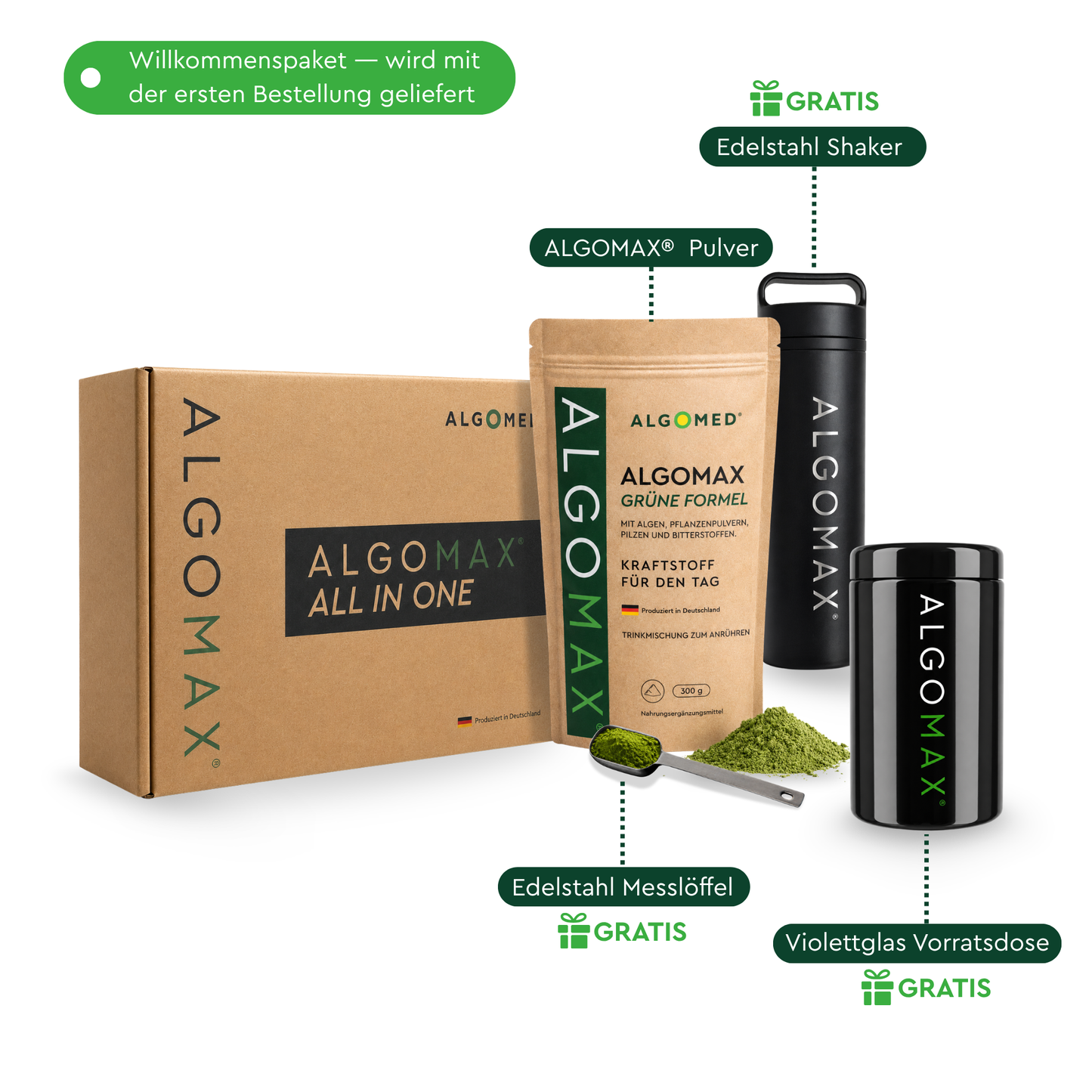 ALGOMAX Grüne Formel Monatsabo. Willkomenspaket - wird mit der ersten Bestellung geliefert. Enthält: ALGOMAX Pulver 300g, Willkommenspaket GRATIS (Edelstahl Shaker, Edelstahl Messlöffel, Violettglas Vorratsdose).
