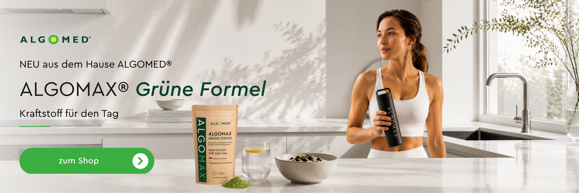 ALGOMAX  Grüne Formel - Neu aus dem Hause ALGOMED. Kraftstoff für den Tag - zum Shop.