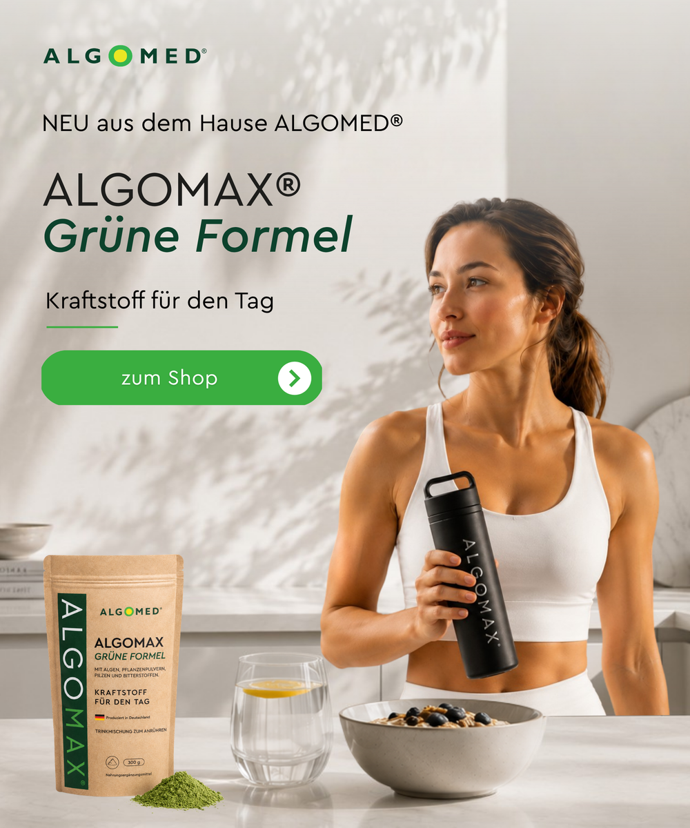 ALGOMAX  Grüne Formel - Neu aus dem Hause ALGOMED. Kraftstoff für den Tag - zum Shop.