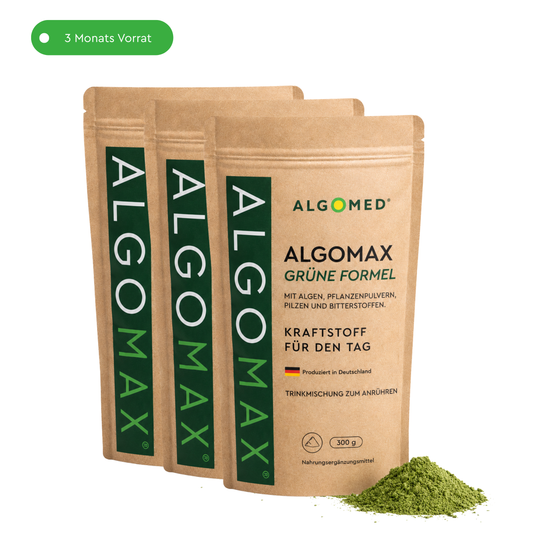ALGOMAX Grüne Formel Nachfüllpaket x 3. Enthält: ALGOMAX Pulver 300g x 3 = 900 g. 3 Monats Vorrat.